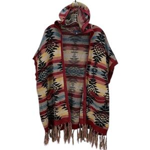 American Eagle Hooded Open Front Sweater Cardigan Vest XS/S Fringe Boho Aztec
